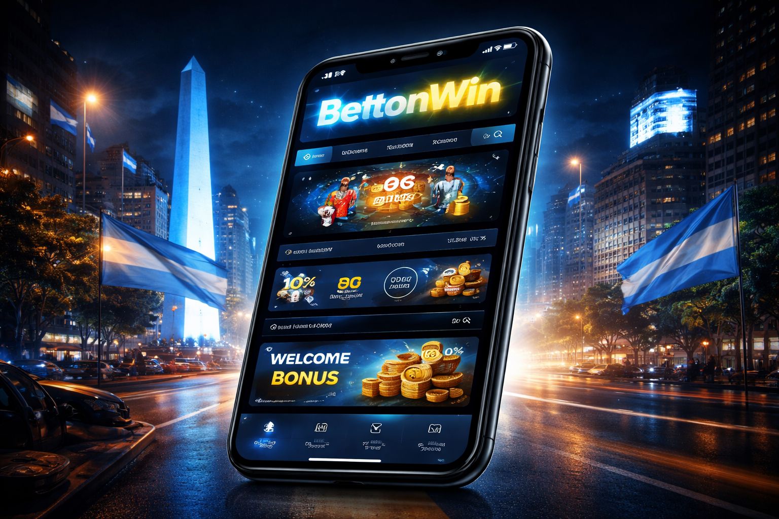Smartphone mostrando la plataforma móvil BetonWin con una interfaz de apuestas pulida y un fondo moderno inspirado en Argentina.