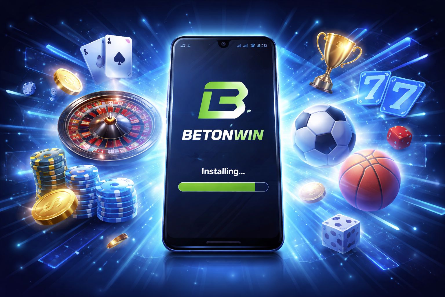 Dispositivo móvil moderno instalando el APK de BetonWin con una interfaz refinada y visuales dinámicos de juego.