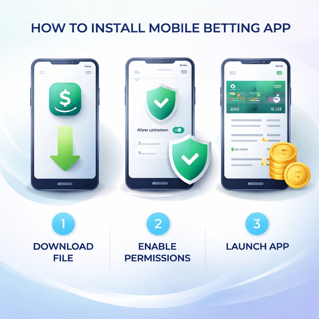 Concepto de instalación móvil paso a paso para la app BetonWin en un teléfono Android con visuales de descarga segura.