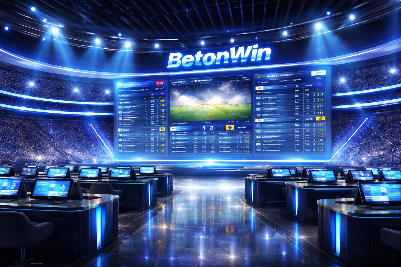 Panel de apuestas BetonWin en una pantalla grande con brillo de estadio y elementos deportivos inspirados en Argentina.