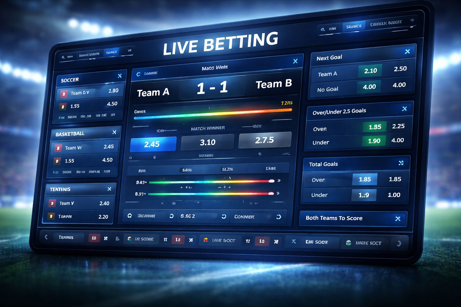 Pantalla de apuestas en vivo BetonWin mostrando cuotas deportivas cambiantes y datos del partido.