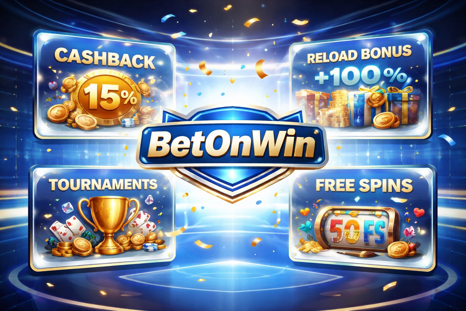 Concepto de calendario promocional para BetonWin mostrando reembolsos, bonos de recarga y giros gratis con colores energéticos.