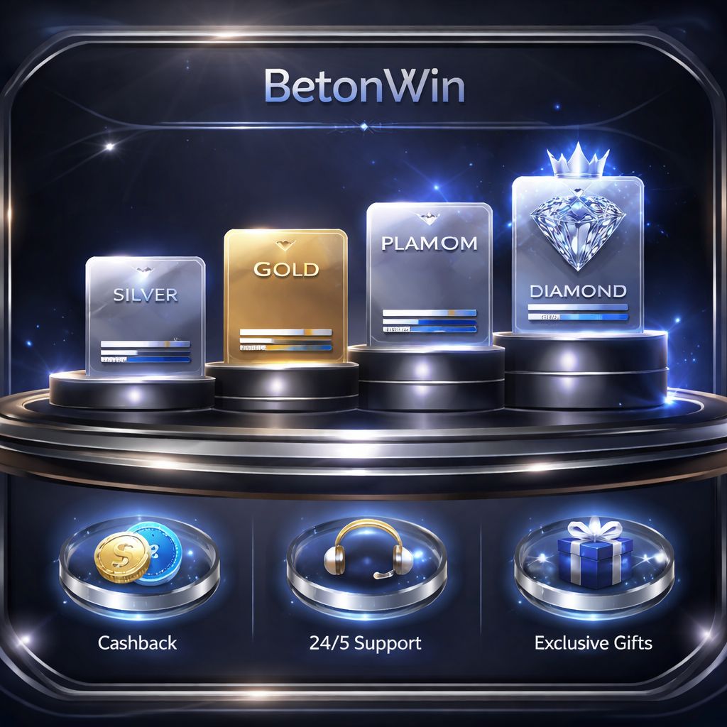 Exhibición estilizada de recompensas VIP de BetonWin con niveles escalonados, beneficios premium y una interfaz pulida para jugadores en Argentina.