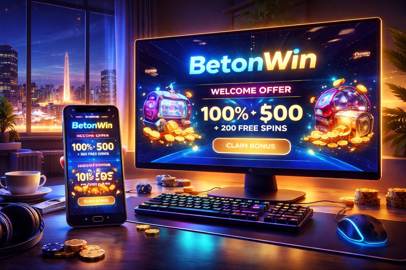 Exhibición dinámica de bonos de BetonWin para Argentina con recompensas de bienvenida, ofertas de recarga y reembolso en un diseño elegante de juego.