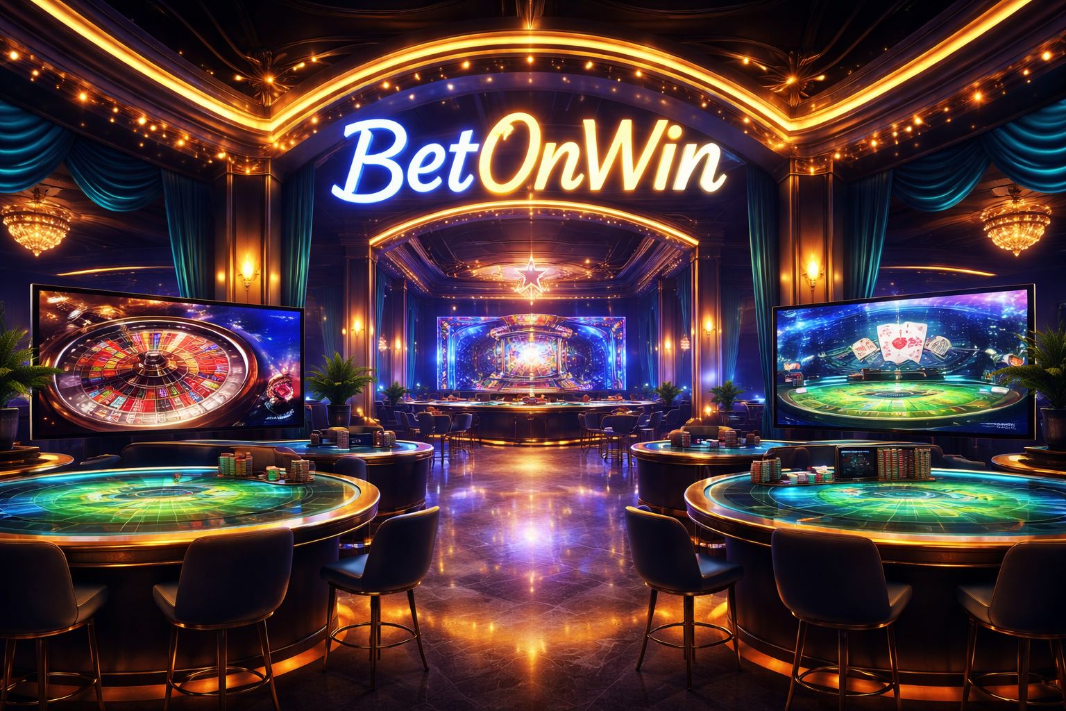 Lobby moderno de BetonWin Casino con mesas en vivo iluminadas y ambiente digital de juego premium.