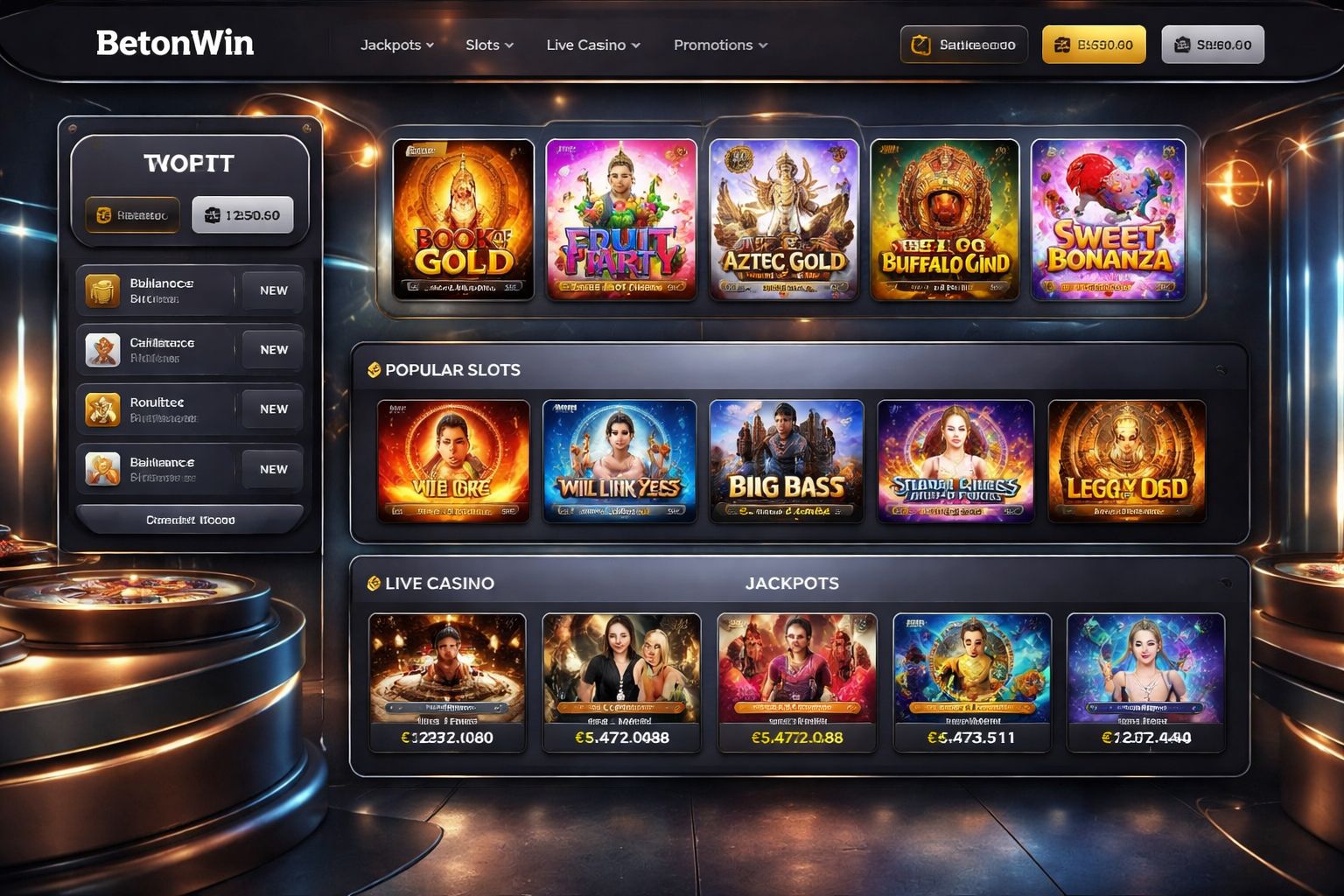 Panel elegante de casino en línea en BetonWin con mesas, tragamonedas y navegación intuitiva para jugadores argentinos.