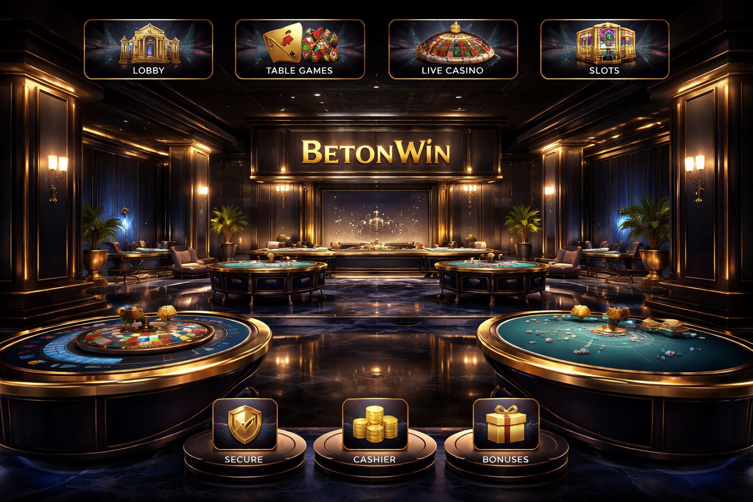 Escena premium de BetonWin Casino con mesas iluminadas, interfaz elegante y ambiente de juego seguro.