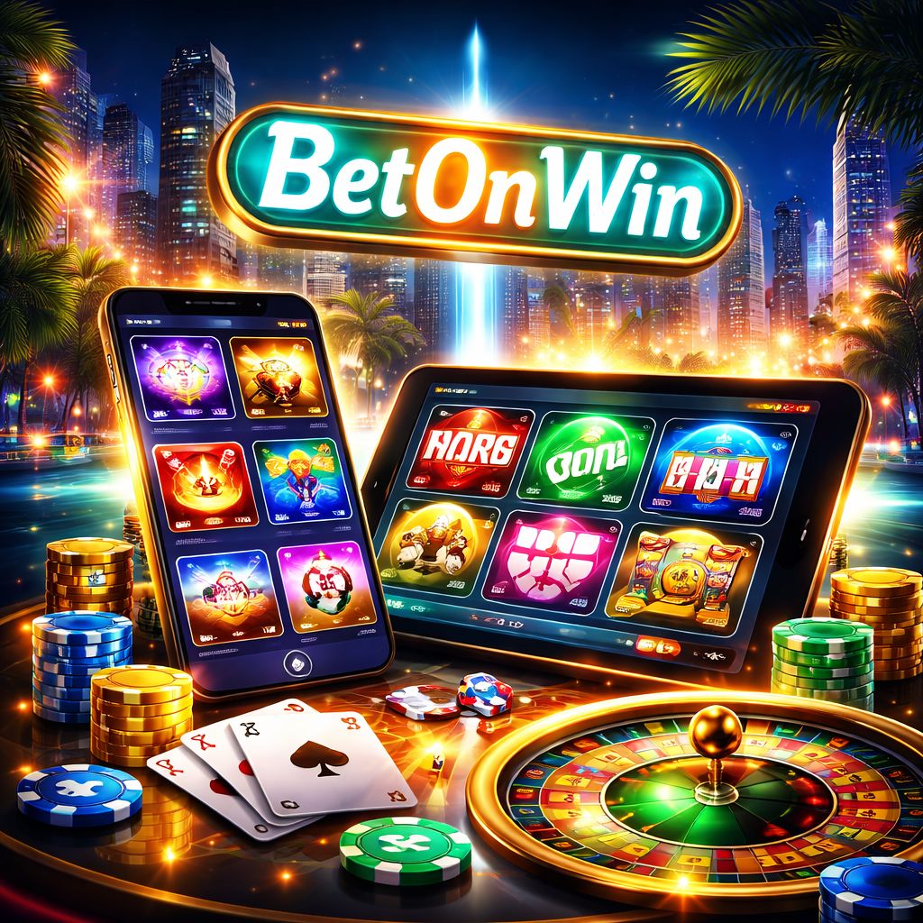 Escena digital colorida de juegos con la marca BetonWin mostrada en una pantalla brillante rodeada de cartas, fichas y luces brillantes