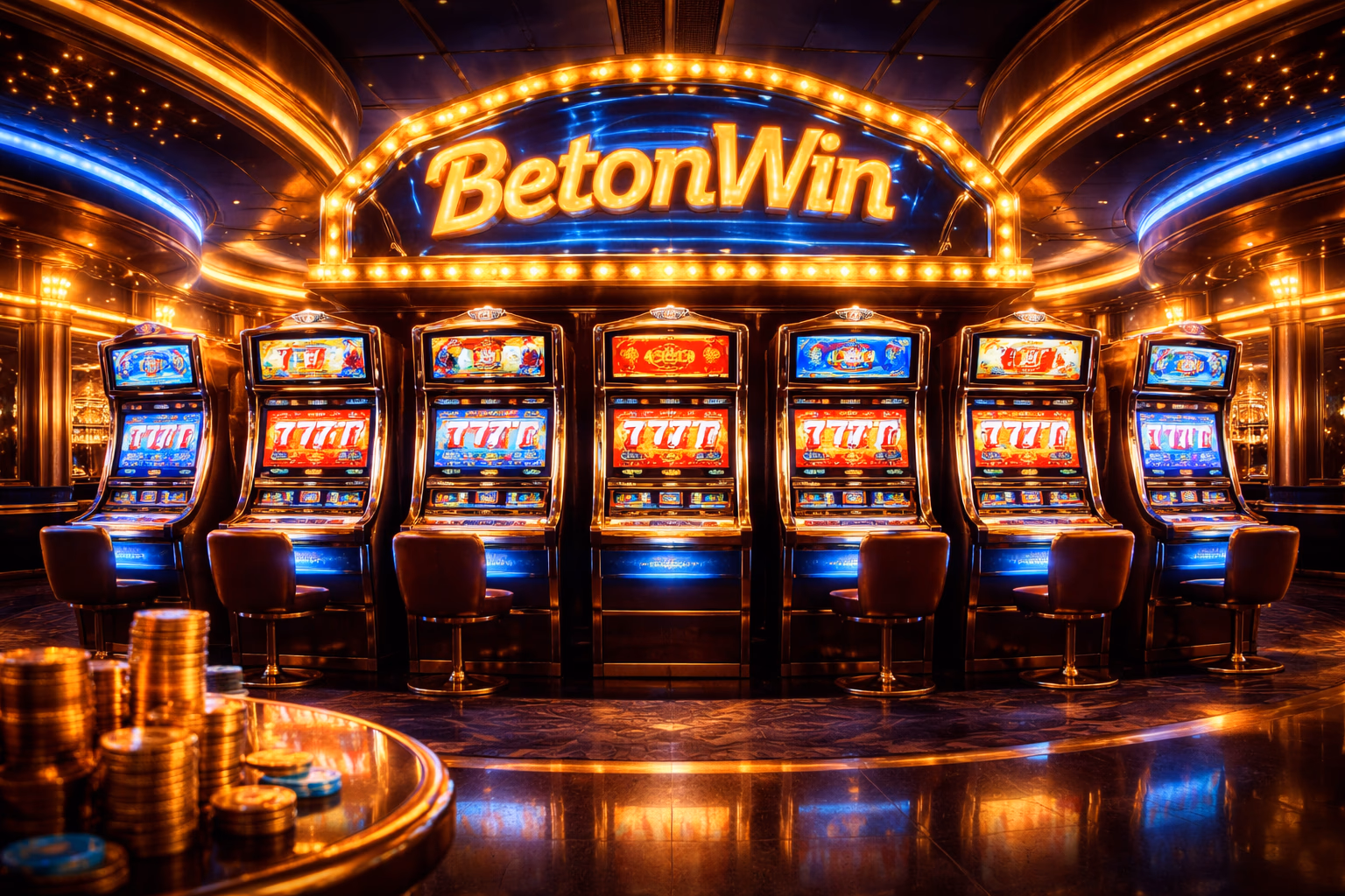 Carretes digitales de tragamonedas con luces brillantes, monedas y atmósfera inmersiva de casino para BetonWin.